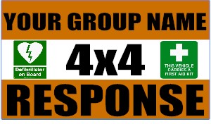 4x4 Response logo with Your Group Name and Defib / First Aid on Board logo (MG003aa)